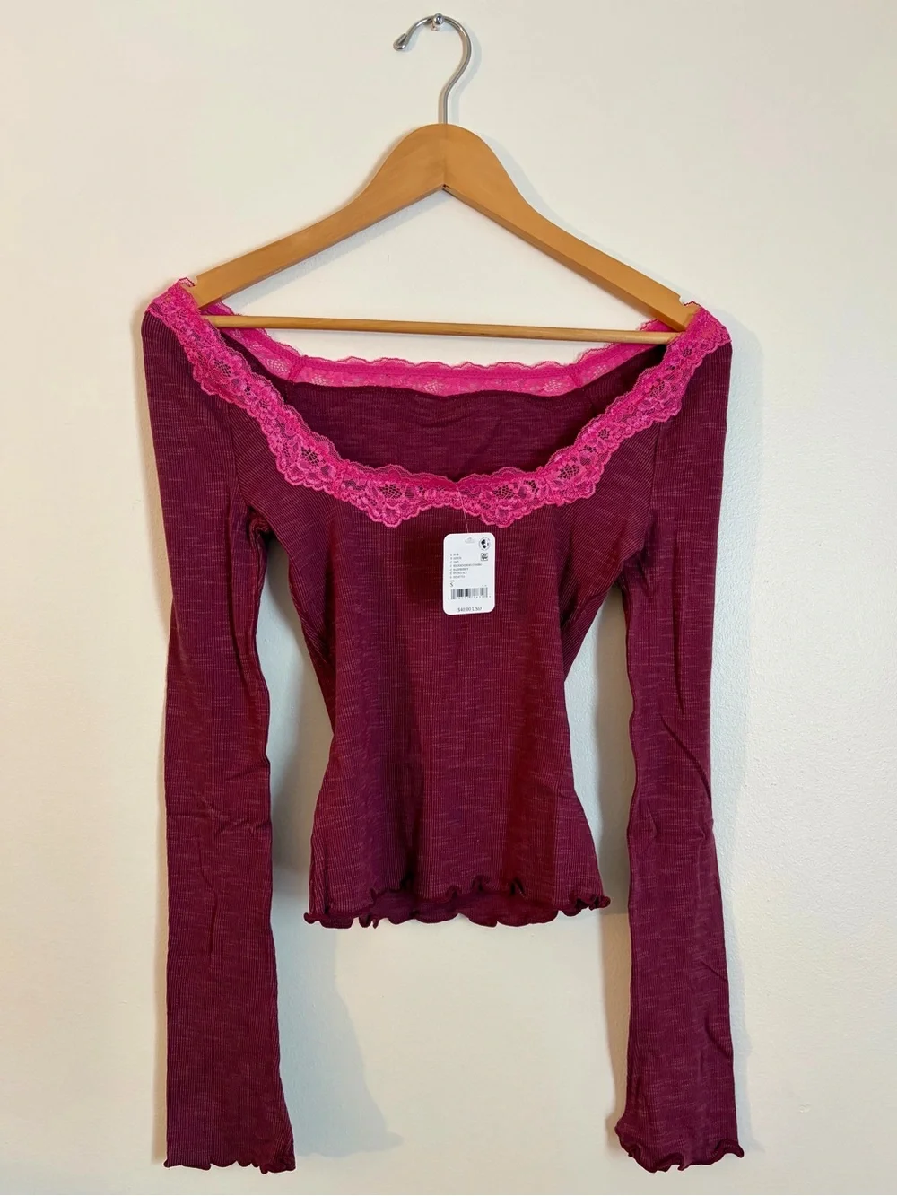 NWT Free People Long Sleeve Scoop Top with Hot Pink Lace Trim